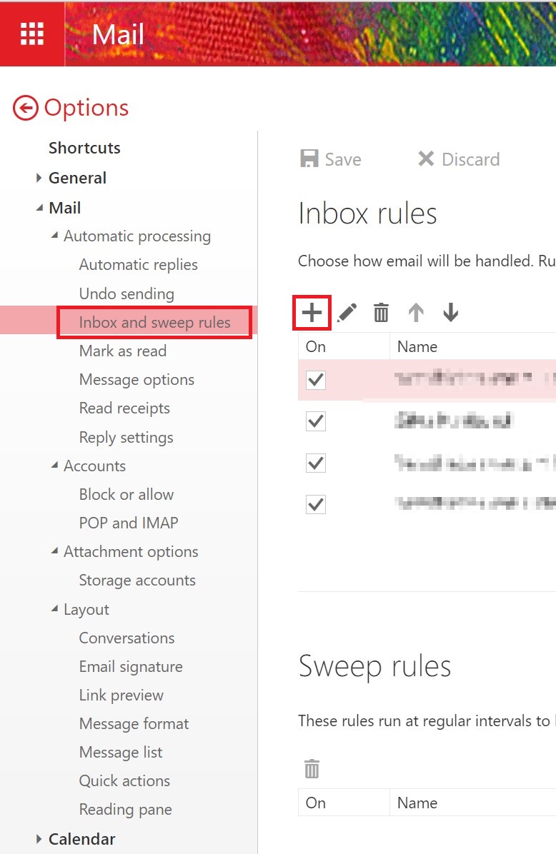 Explanatory screenshot to the previous description with markers on the Inbox and sweep Rules menu item and the Plus button.
