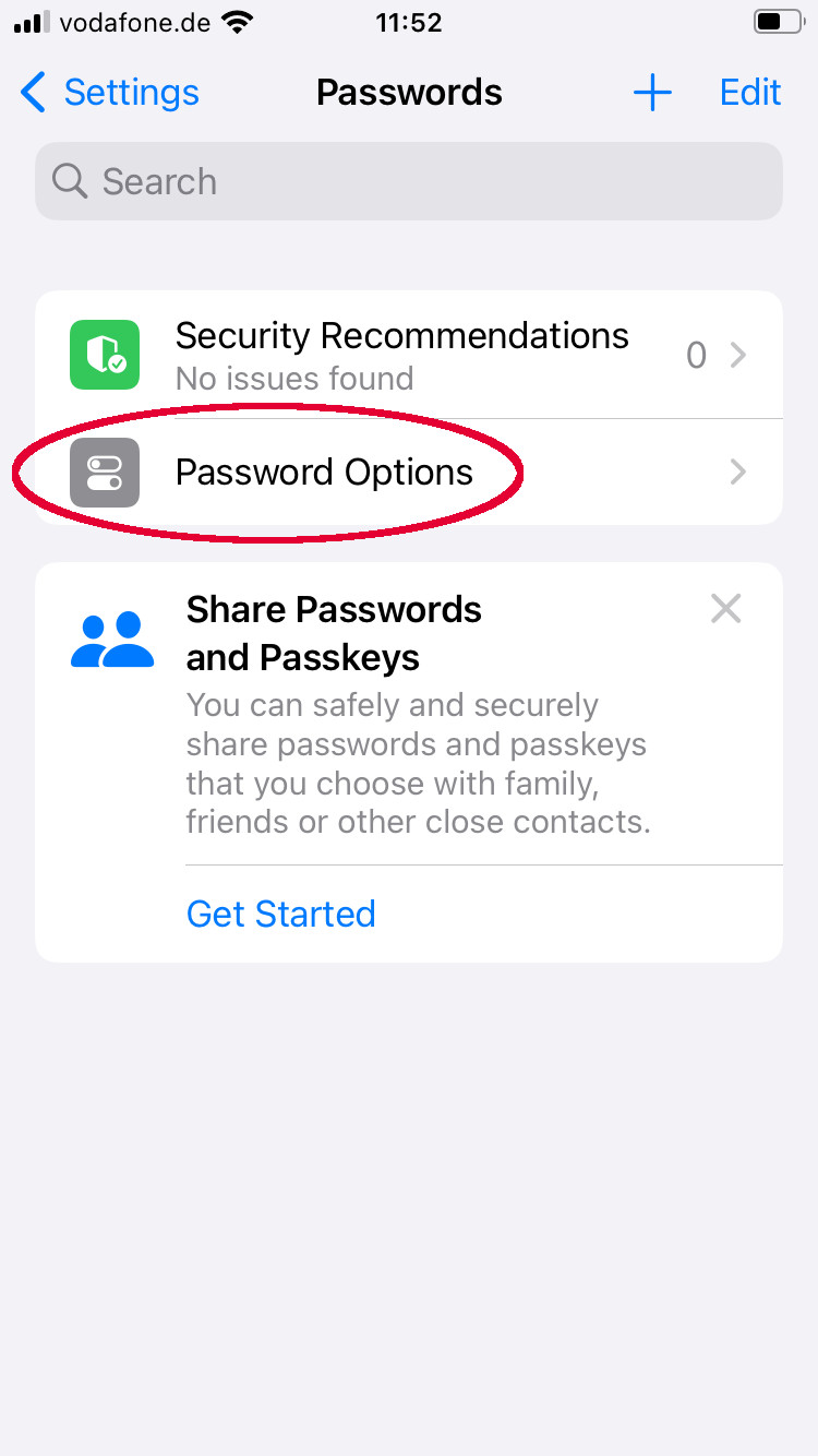 Choosing "Password options"