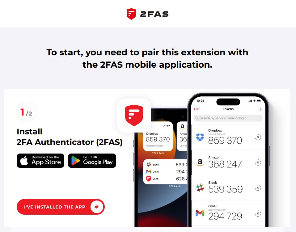 Screenshot 2FAS Browsererweiterung Einrichtungsassistent Schritt 1