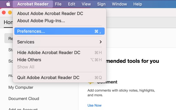 Navigation to Adobe Reader settings