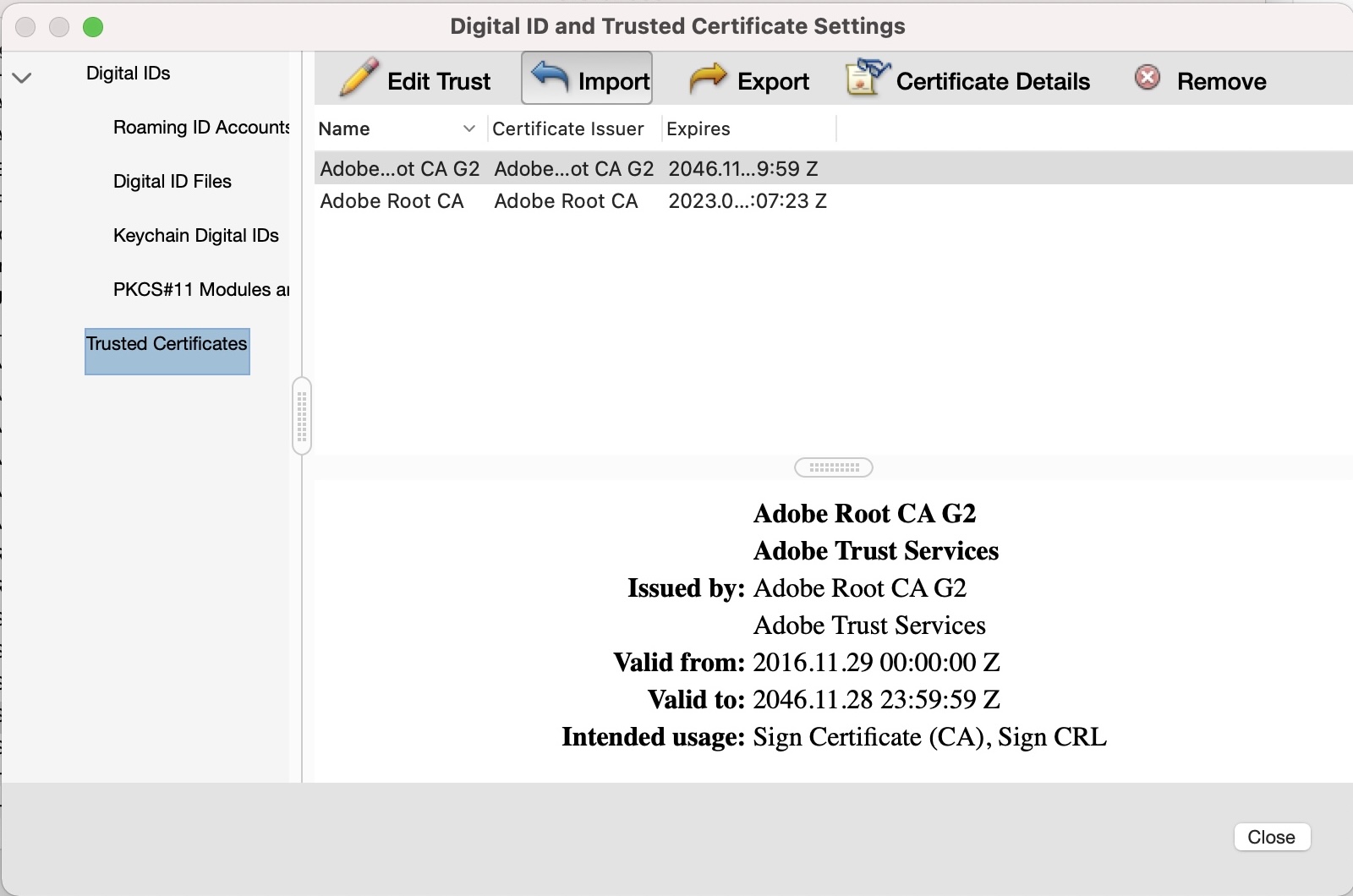 Importing new trusted certificates