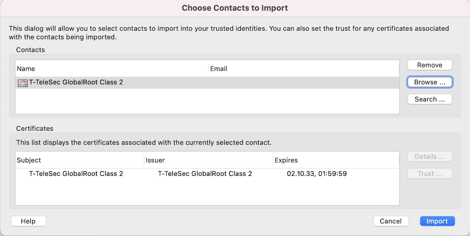 Selection dialog for importing new certificates