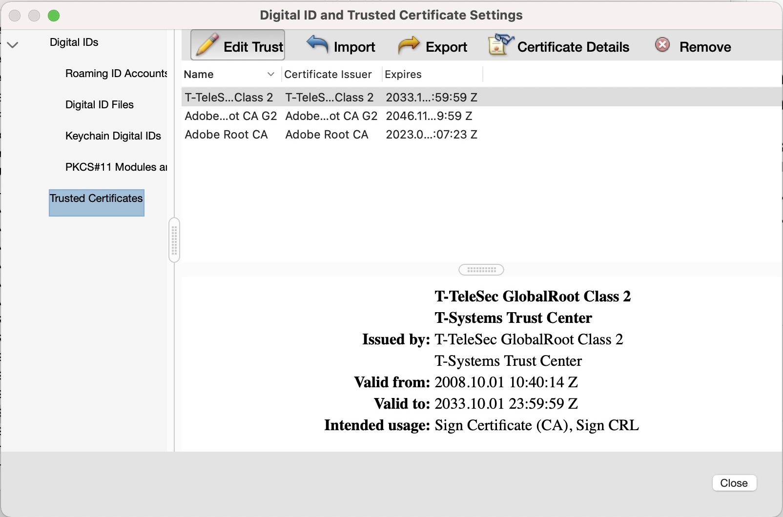 Certificate management with selection on "Edit certificate".