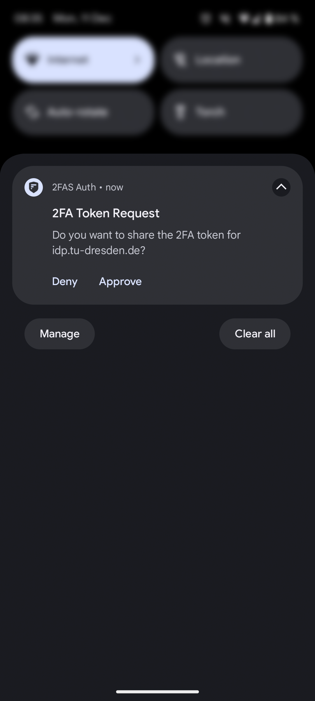 Screenshot. Push notification confirmation token