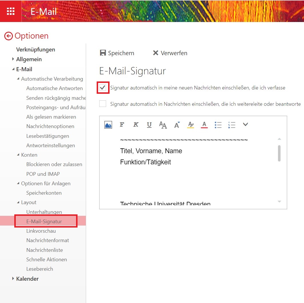 Erklärender Screenshot zur vorangegangen Beschreibung mit Markern auf E-Mail-Signatur und der Checkbox für die automatische Mail Signatur.