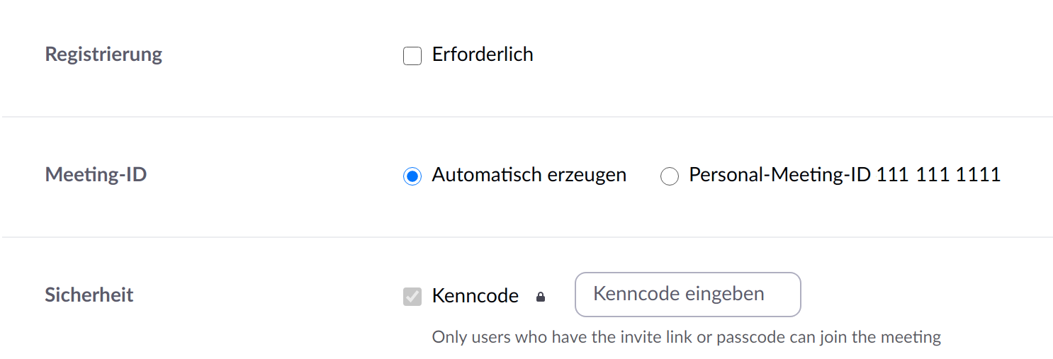 Abbildung der Einstellung die eine automatisch erstellte Meeting-ID