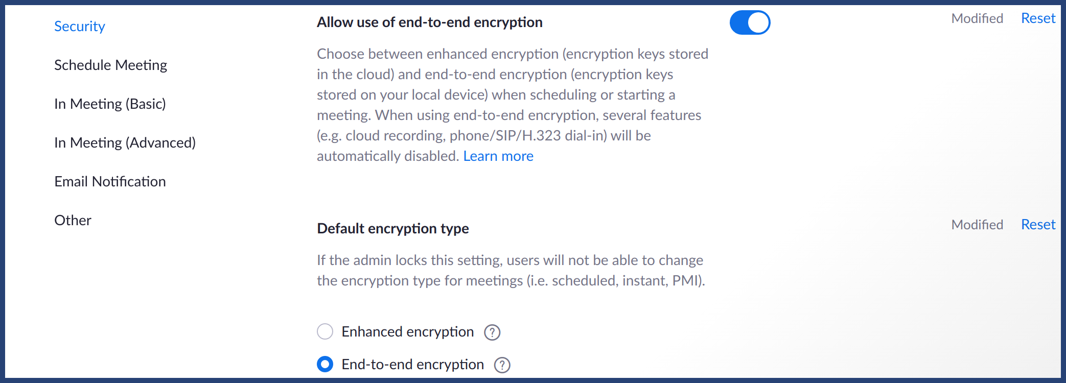 Screenshot of settings for E2EE