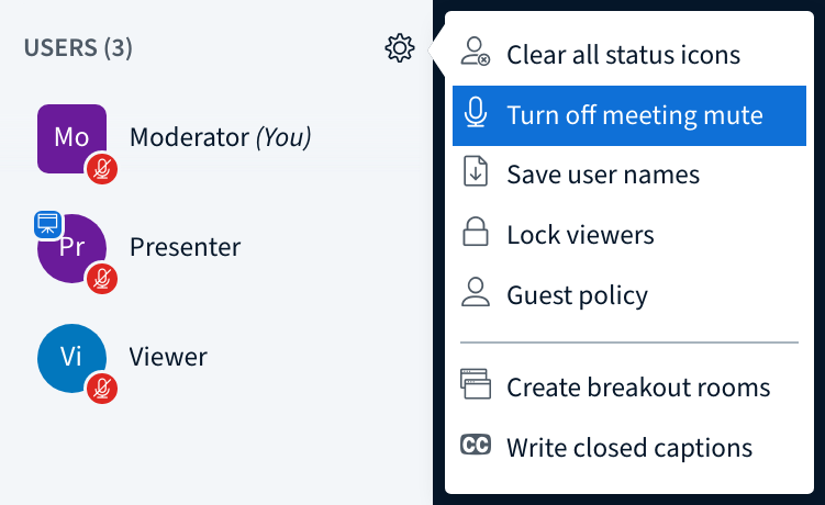 User settings with "Turn meeting mute off" option selected
