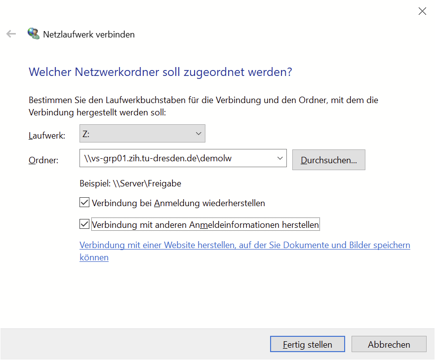 Windows-Eingabedialog zum Verbinden eines Netzlaufwerks