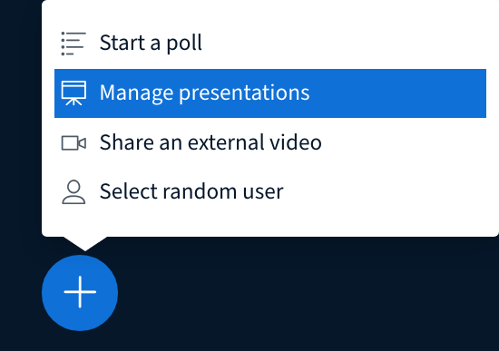 Action menu with selection Manage presentations