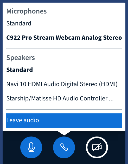 Audio menu with "Leave audio" option highlighted