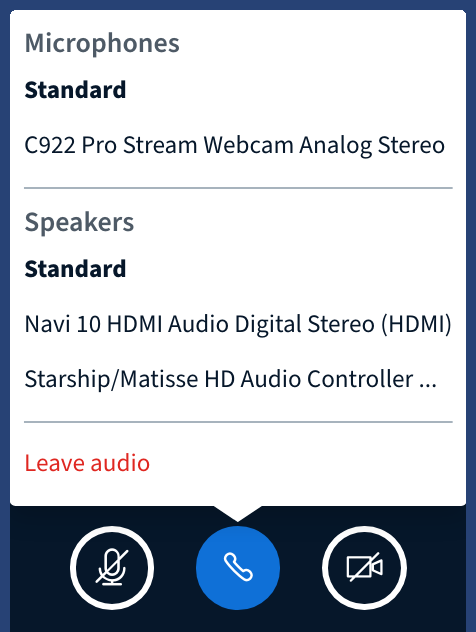 Audio menu for selecting microphone and loudspeaker