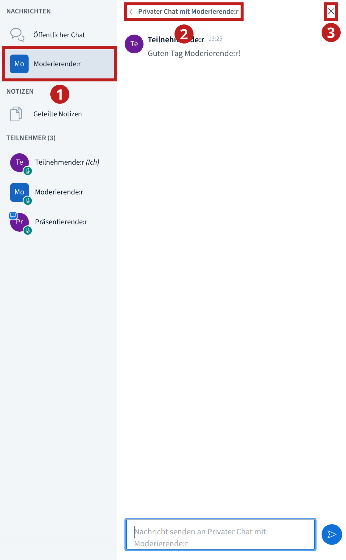 Bildschirmfoto eines privaten Chats mit Markierungen