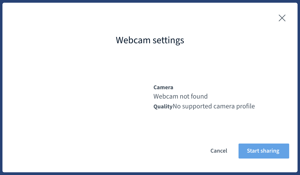 Webcam settings with "Webcam not found" message