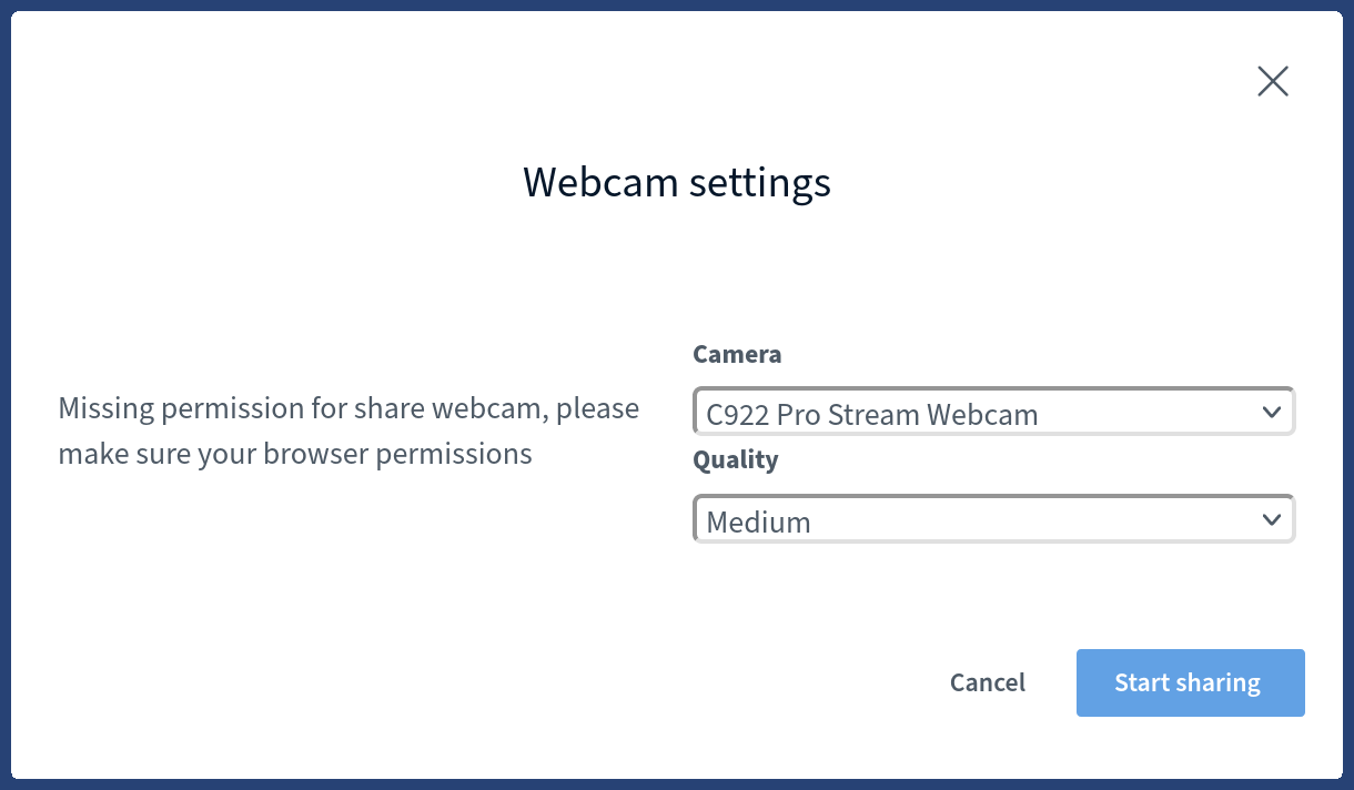 Webcam settings with note about missing permission for camera access