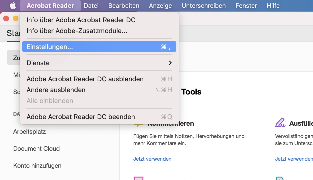 Navigation zu den Adobe Reader Einstellungen