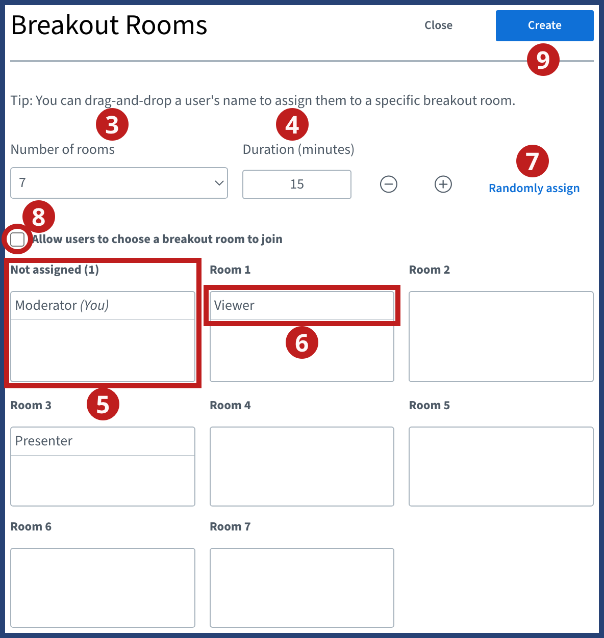 Breakout room creation menu