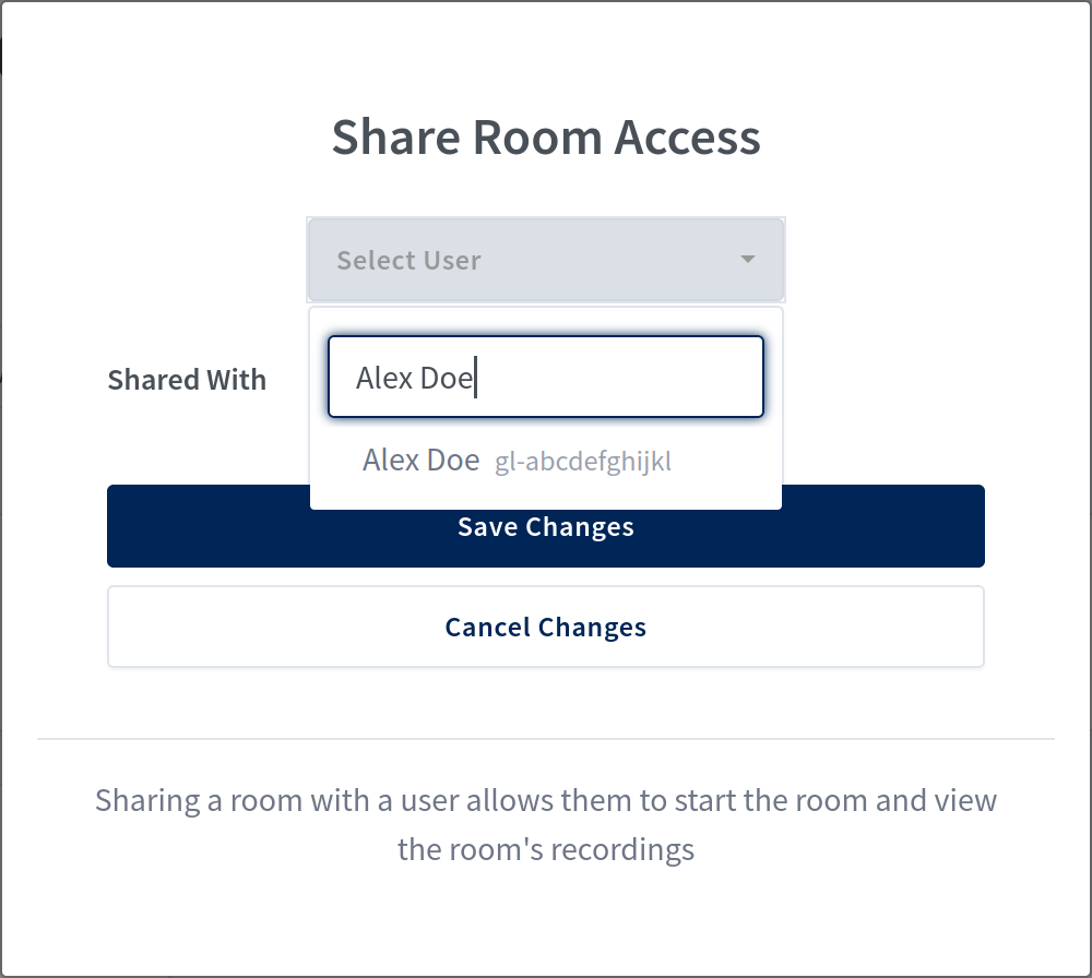 Search in the "Share Room Access" menu