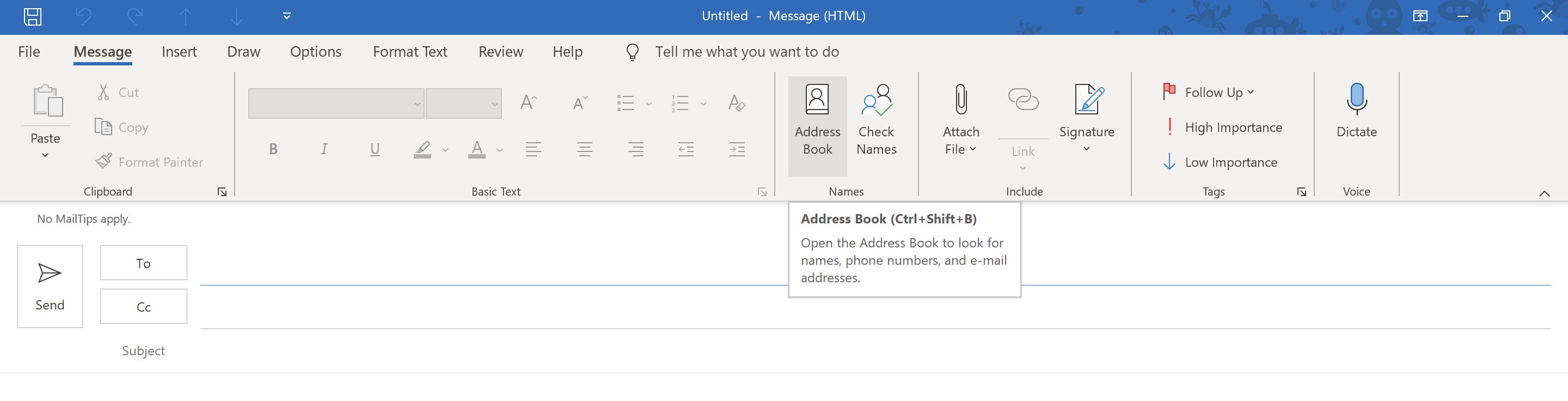 Screenshot "Address Book" tab on a new message