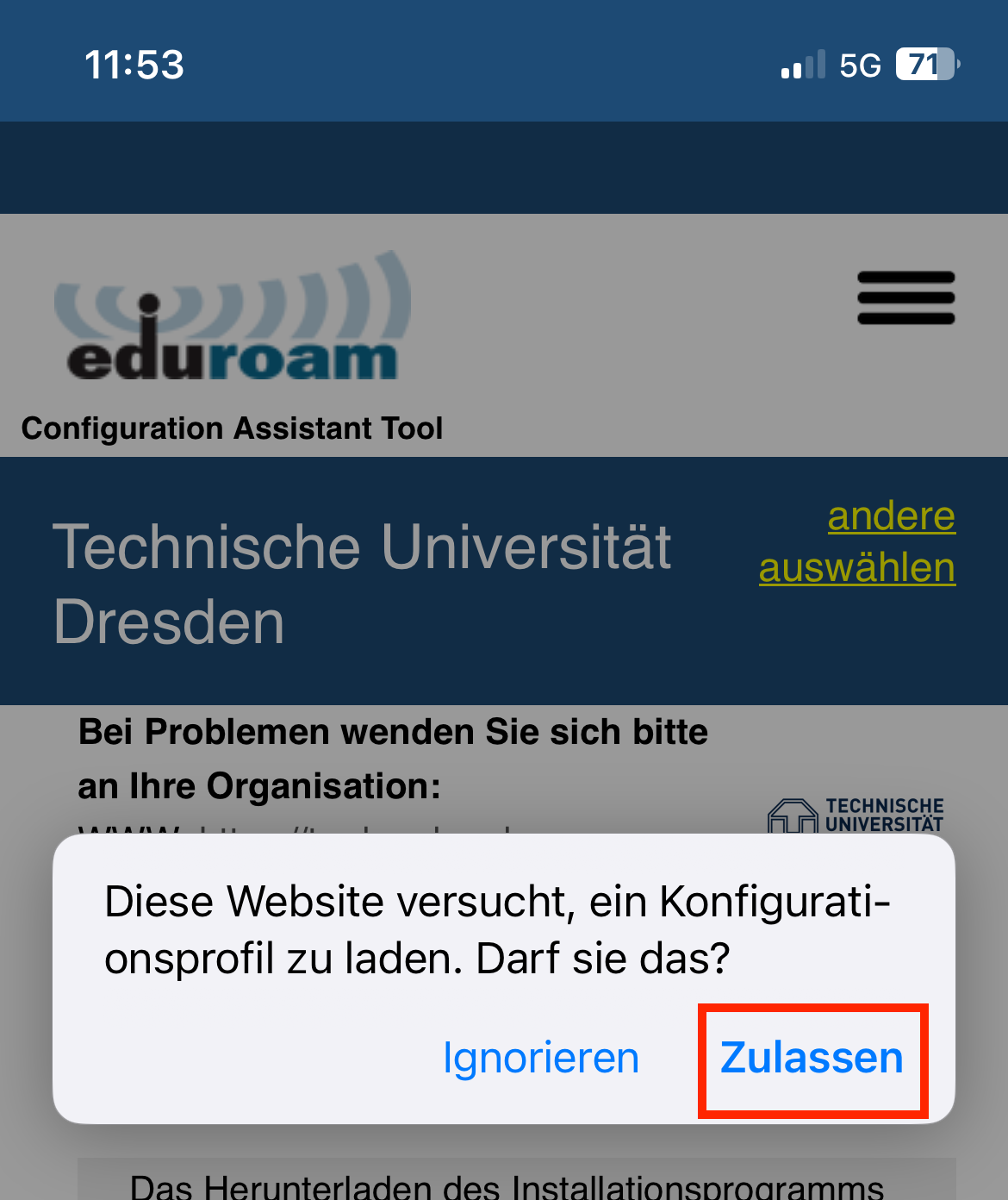 Screenshot der Meldung "Diese Website versucht, ein Konfigurationsprofil zu laden. Darf sie das?" mit Hervorhebung des Buttons "Zulassen"