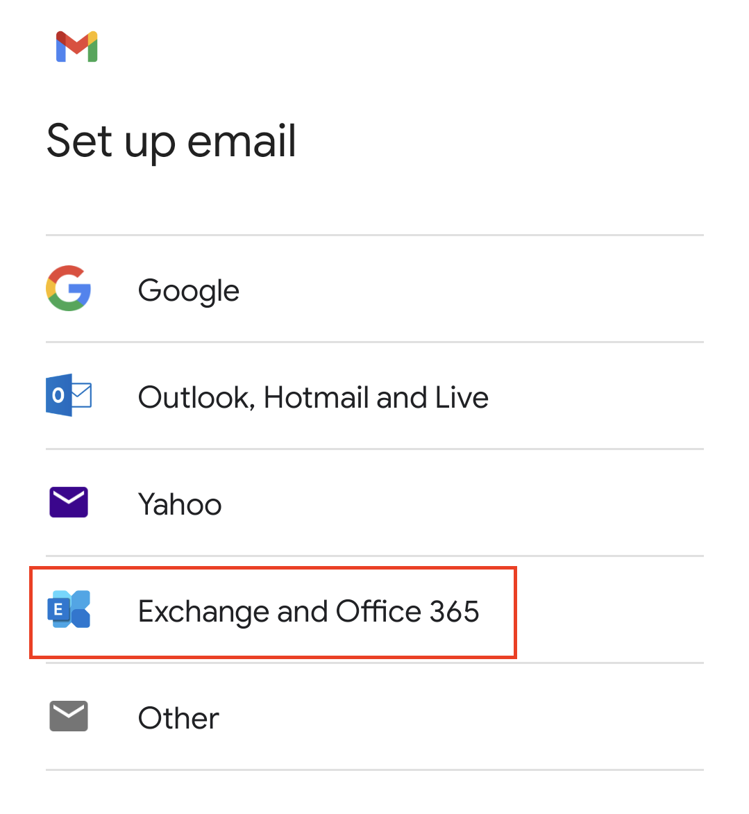 Explanatory screenshot to the previous description with marker on "Exchange and Office 365"