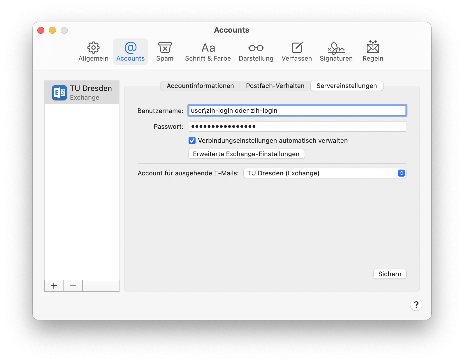 Servereinstellungen des Exchange-Accounts in Apple Mail. Feld Benutzername dargestellt mit "user\zih-login oder zih-login"