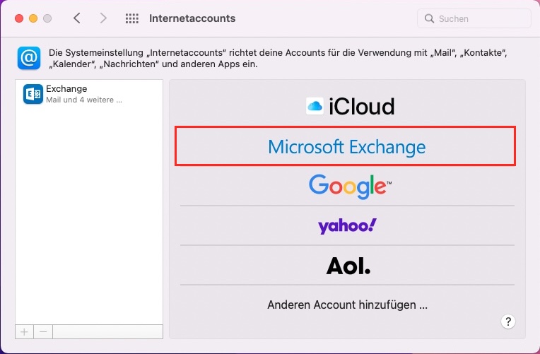 Screenshot Internetaccounts mit Marker auf Exchange