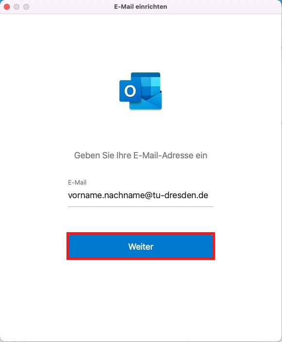 Screenshot Outlook Einrichtung Mailabfrage mit Marker auf Weiter