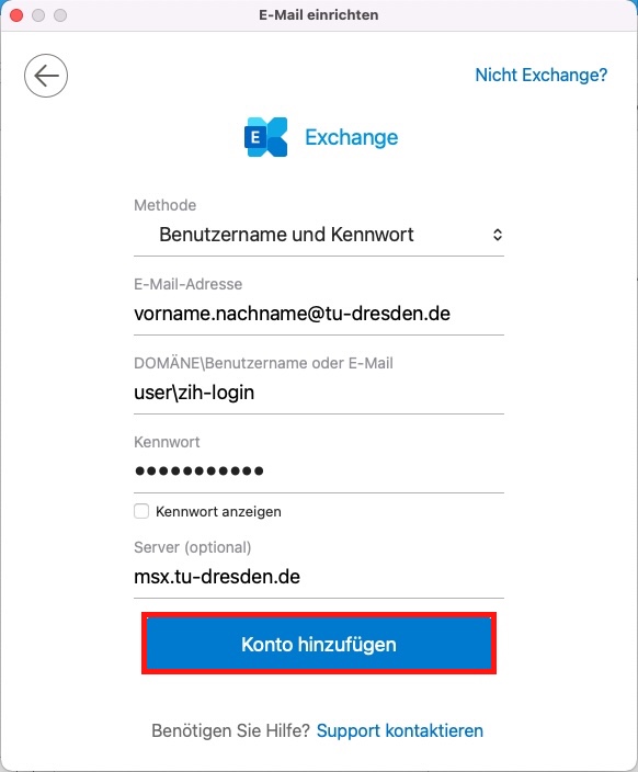 Screenshot E-Mail Einrichtung mit eingetragenen Daten und Marker auf Konto hinzufügen