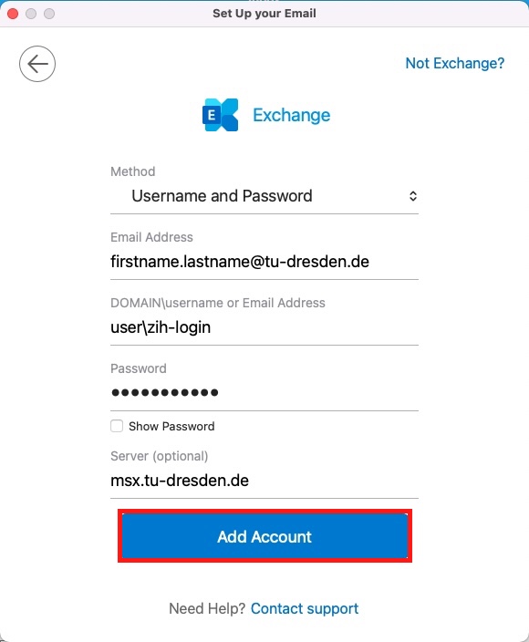 Screenshot email setup with entered data and marker on add account