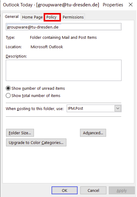 Screenshot of data file properties window in MS Outlook with marker on policy
