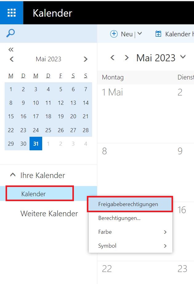 Erklärender Screenshot zur vorangegangen Beschreibung mit Marker auf den Punkten Kalender und Freigabeberechtigungen.