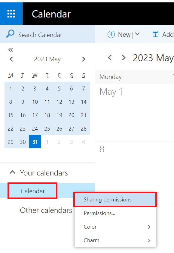 Explanatory screenshot for the previous description with a marker on calendar and sharing permissions.