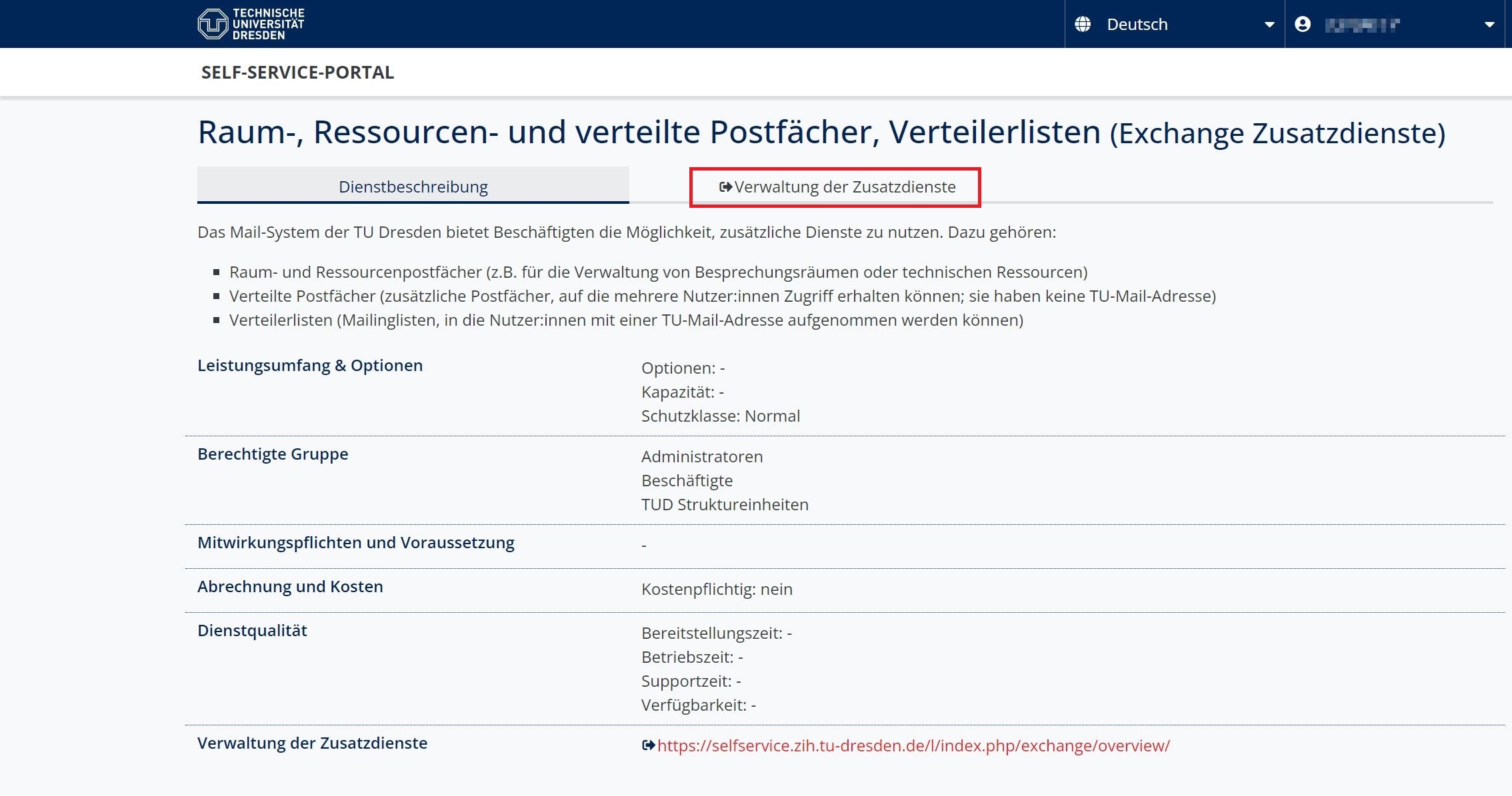 Erklärender Screenshot zur vorangegangen Beschreibung mit Marker auf dem Reiter Verwaltung der Zusatzdienste.